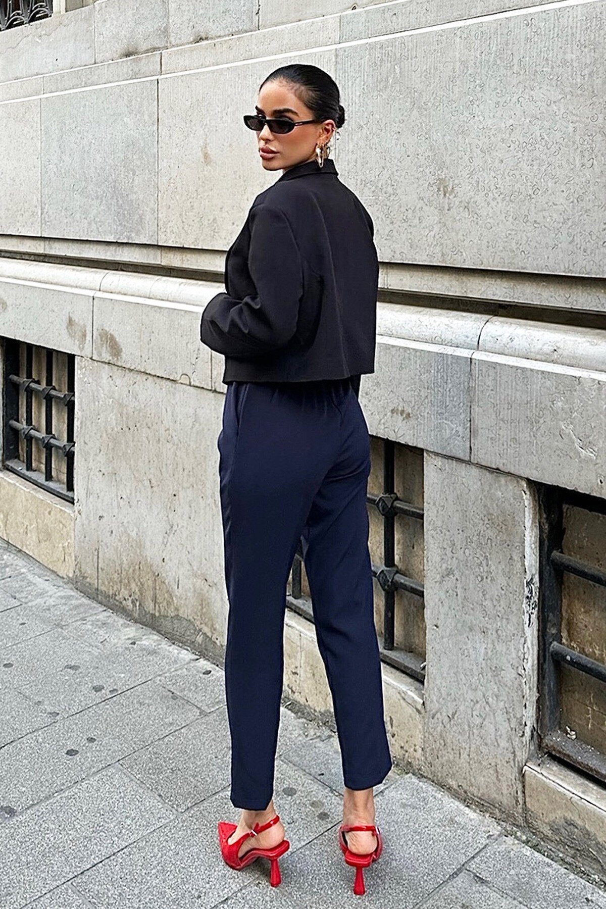 Lacivert Kemerli Palazzo Pantolon