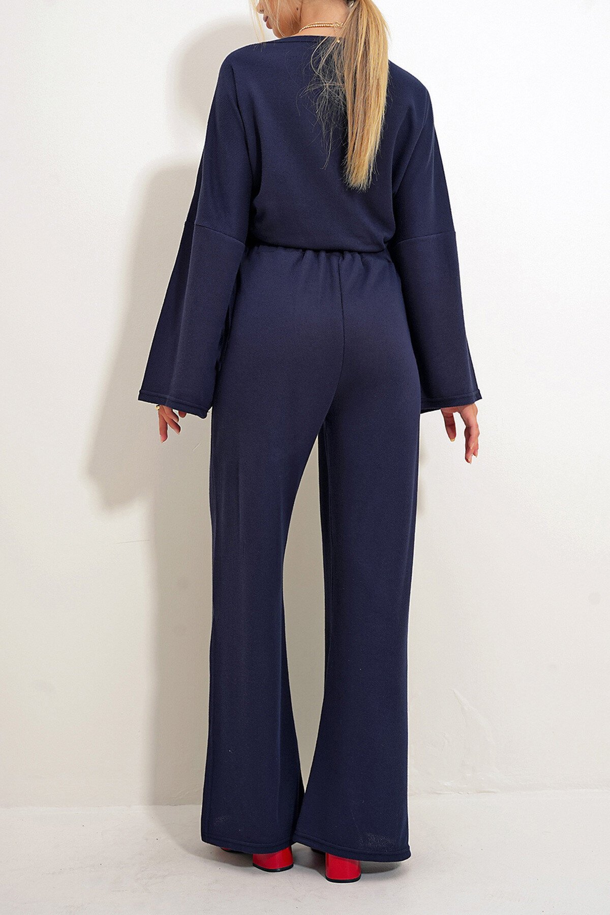 Lacivert Kruvaze Bağlamalı Bluz Yırtmaçlı Pantolon İkili Örme Takım