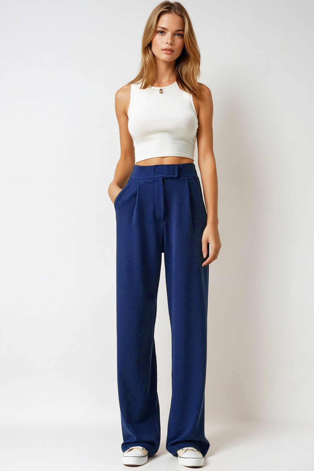 Lacivert Likralı Cırt Kapamalı Çift Cepli Palazzo Pantalon