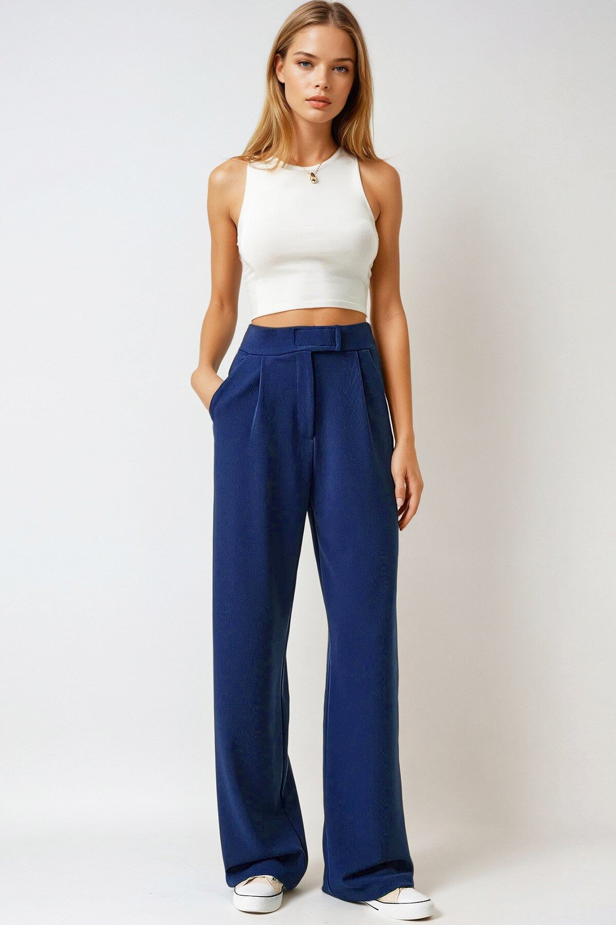 Lacivert Likralı Cırt Kapamalı Çift Cepli Palazzo Pantalon