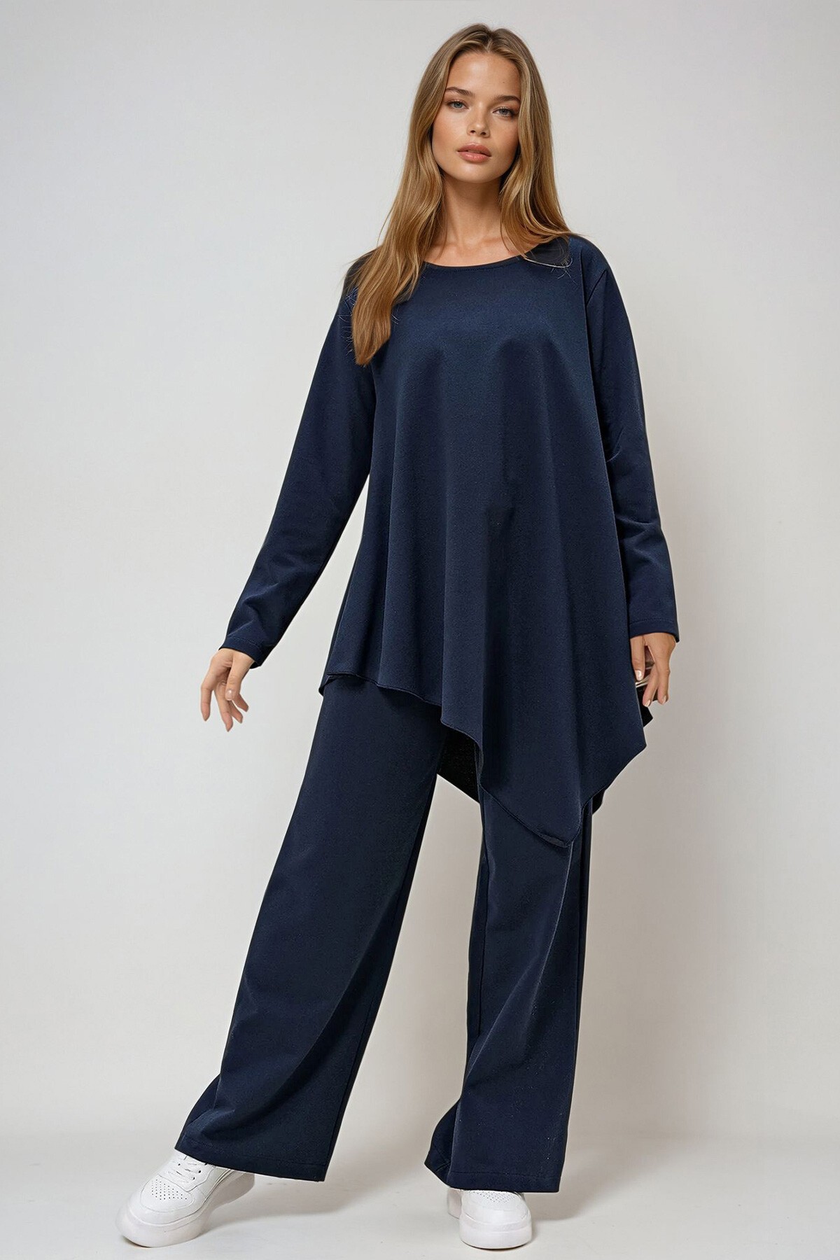 Lacivert Modal Kumaş Bisiklet Yaka Asimetrik Kesim Uzun Tunik Ve Pantolon Takım