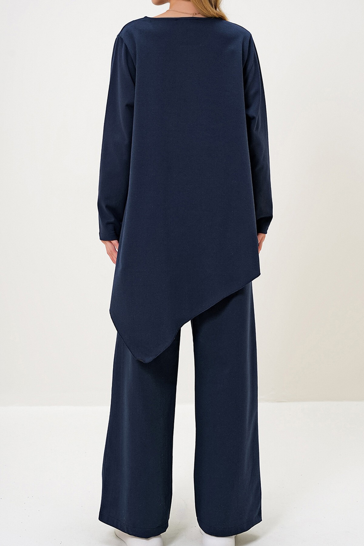 Lacivert Modal Kumaş Bisiklet Yaka Asimetrik Kesim Uzun Tunik Ve Pantolon Takım
