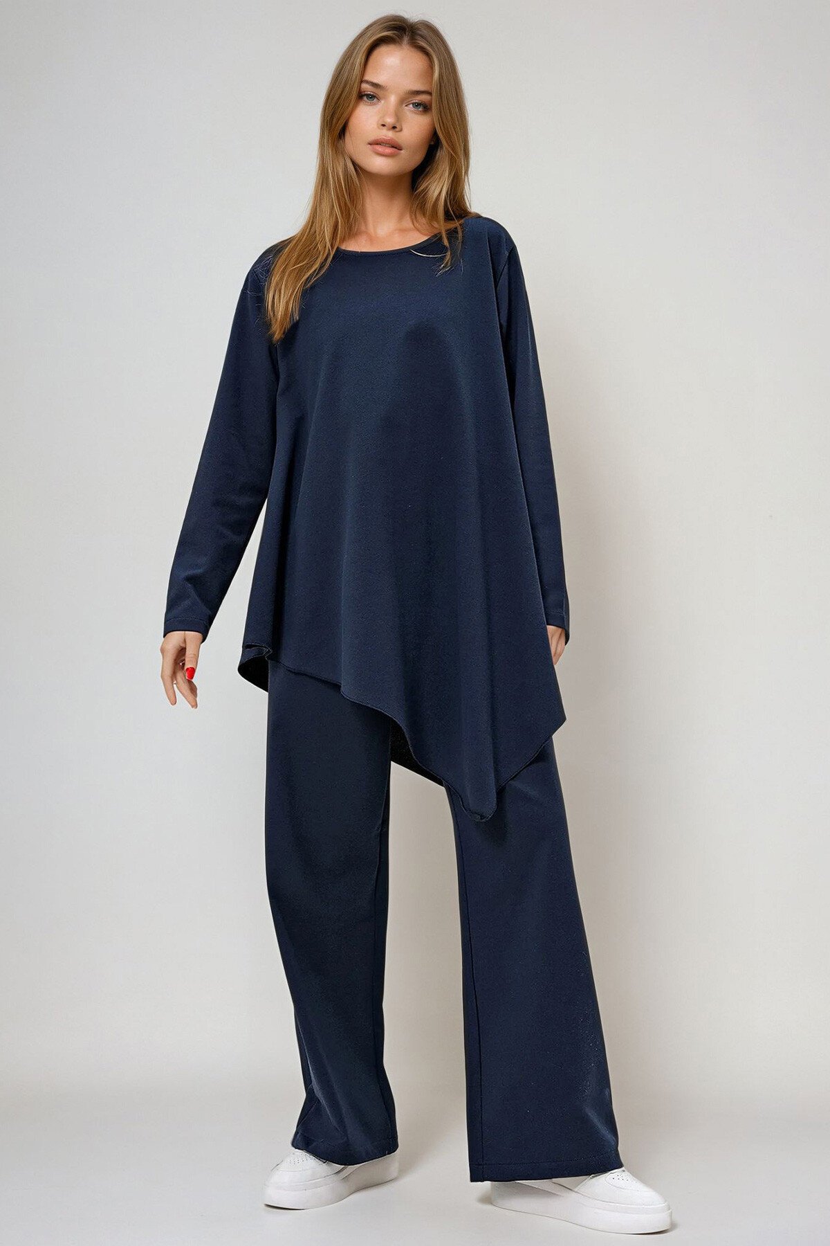 Lacivert Modal Kumaş Bisiklet Yaka Asimetrik Kesim Uzun Tunik Ve Pantolon Takım