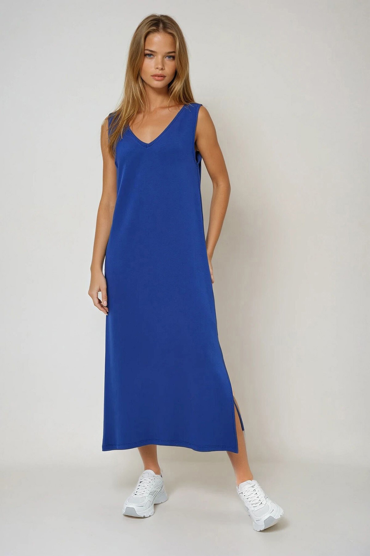 Lacivert Ön Arka V Yaka Kalın Askılı Yırtmaçlı Yazlık Örme Elbise