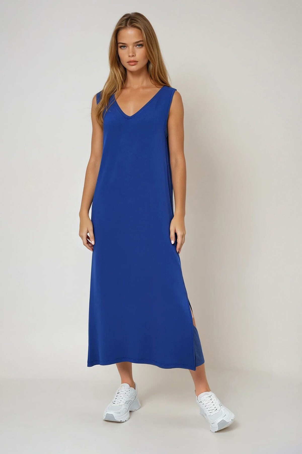 Lacivert Ön Arka V Yaka Kalın Askılı Yırtmaçlı Yazlık Örme Elbise