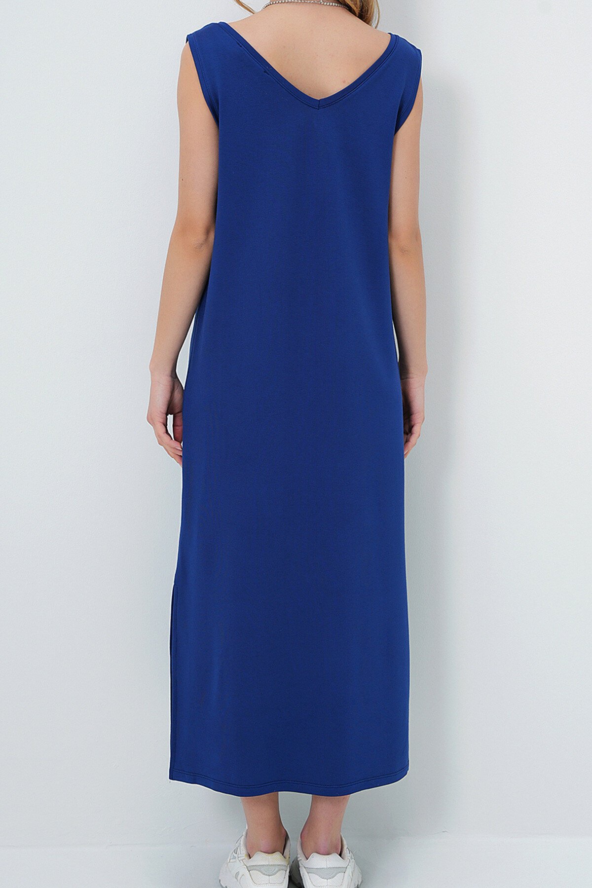 Lacivert Ön Arka V Yaka Kalın Askılı Yırtmaçlı Yazlık Örme Elbise
