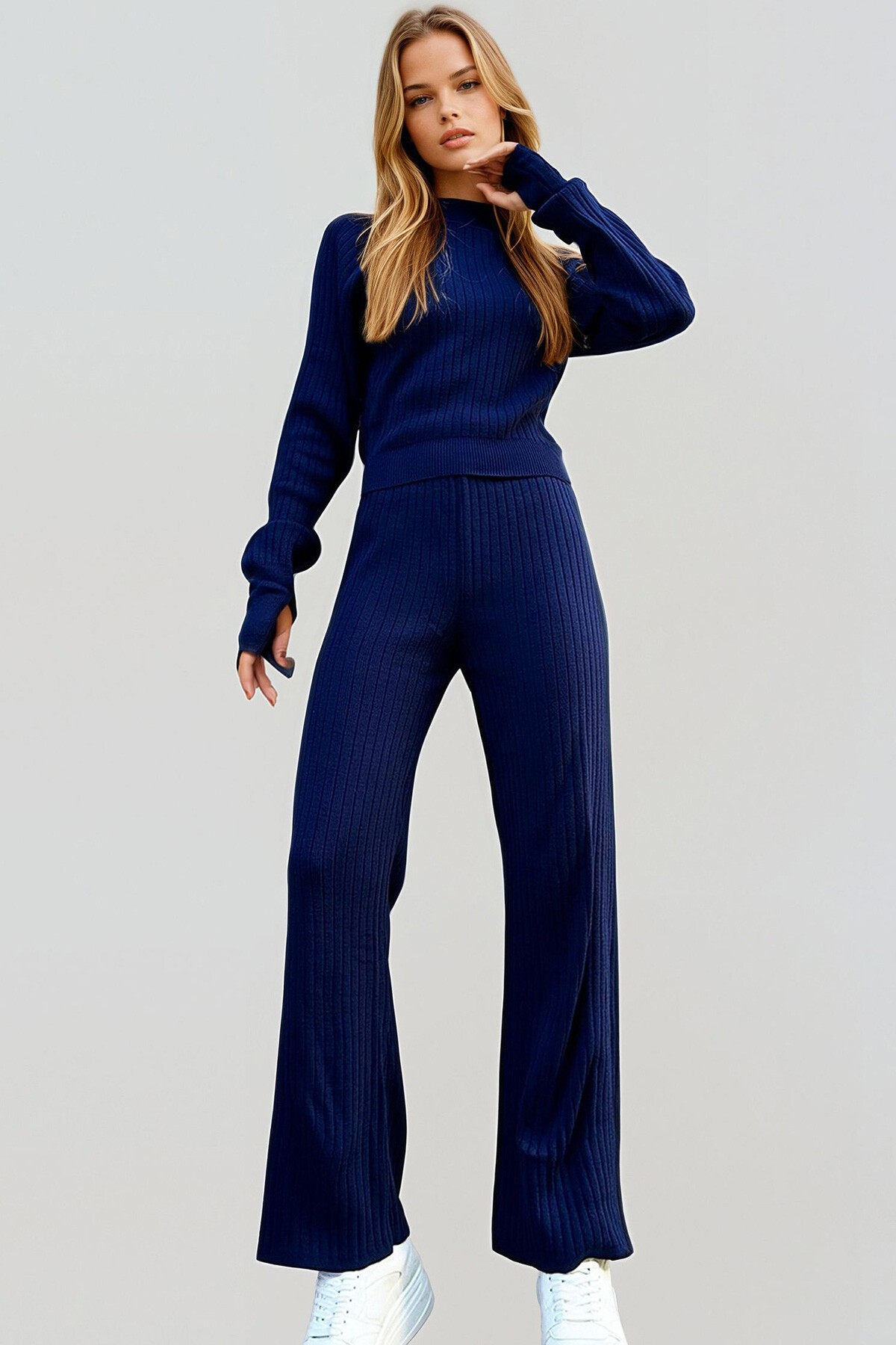 Lacivert Parmak Detaylı Triko Alt Üst Takım