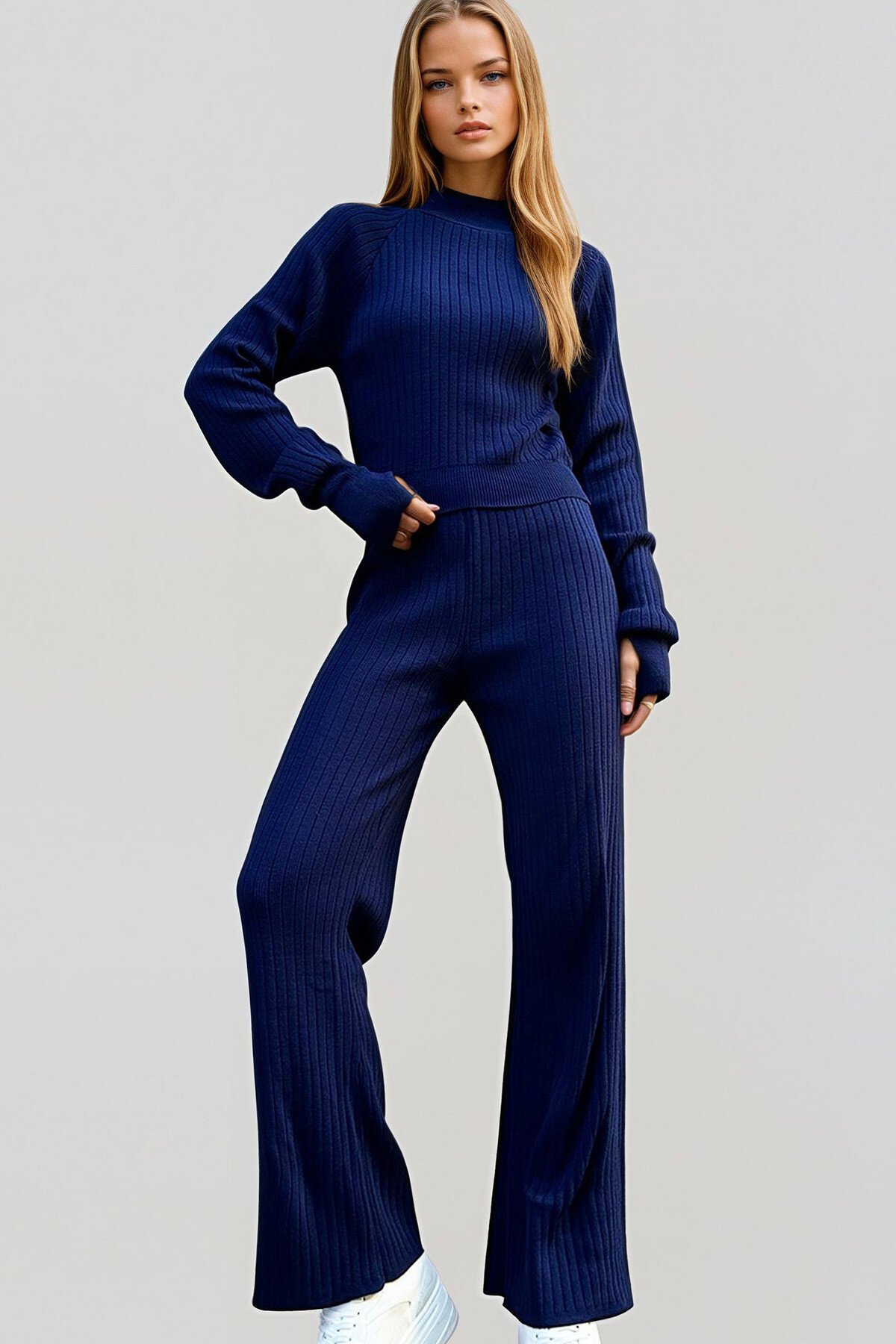 Lacivert Parmak Detaylı Triko Alt Üst Takım