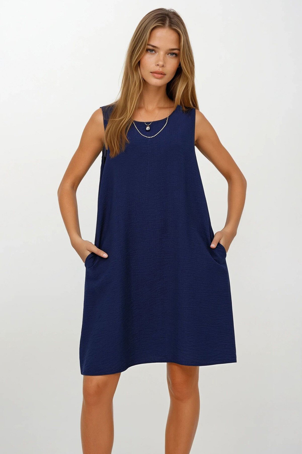 Lacivert U Yaka Sıfır Kol Çift Cepli Aerobin Yazlık Elbise