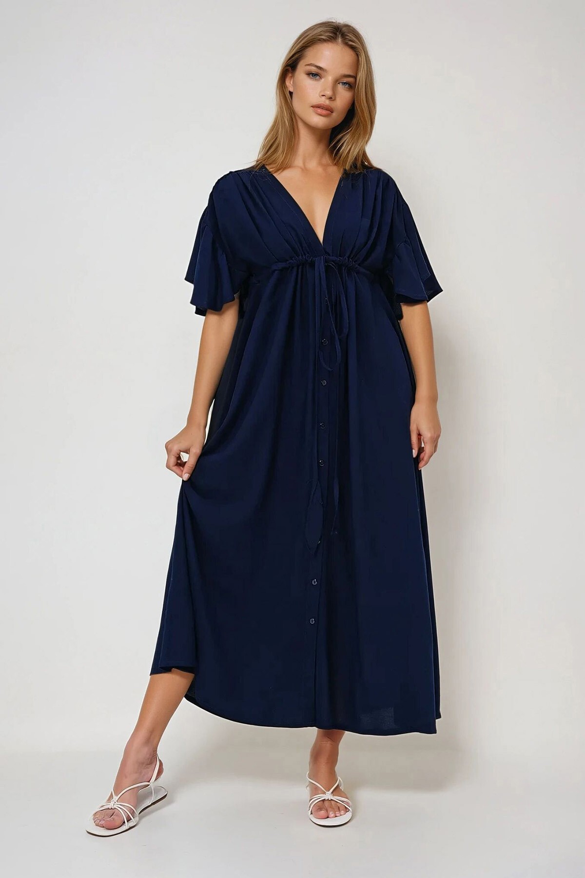 Lacivert V Yaka Sırt Dekolteli Bağlama Detaylı Önü Düğmeli Yazlık Poplin Elbise