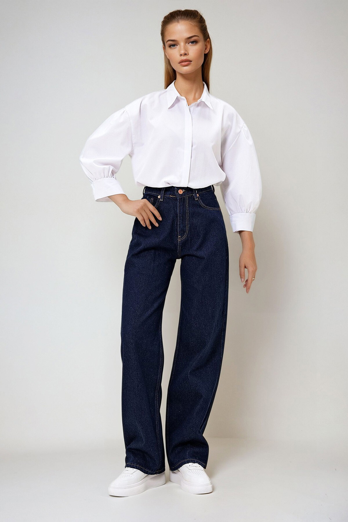 Lacivert Yüksek Bel Palazzo Kesim Jean Pantolon