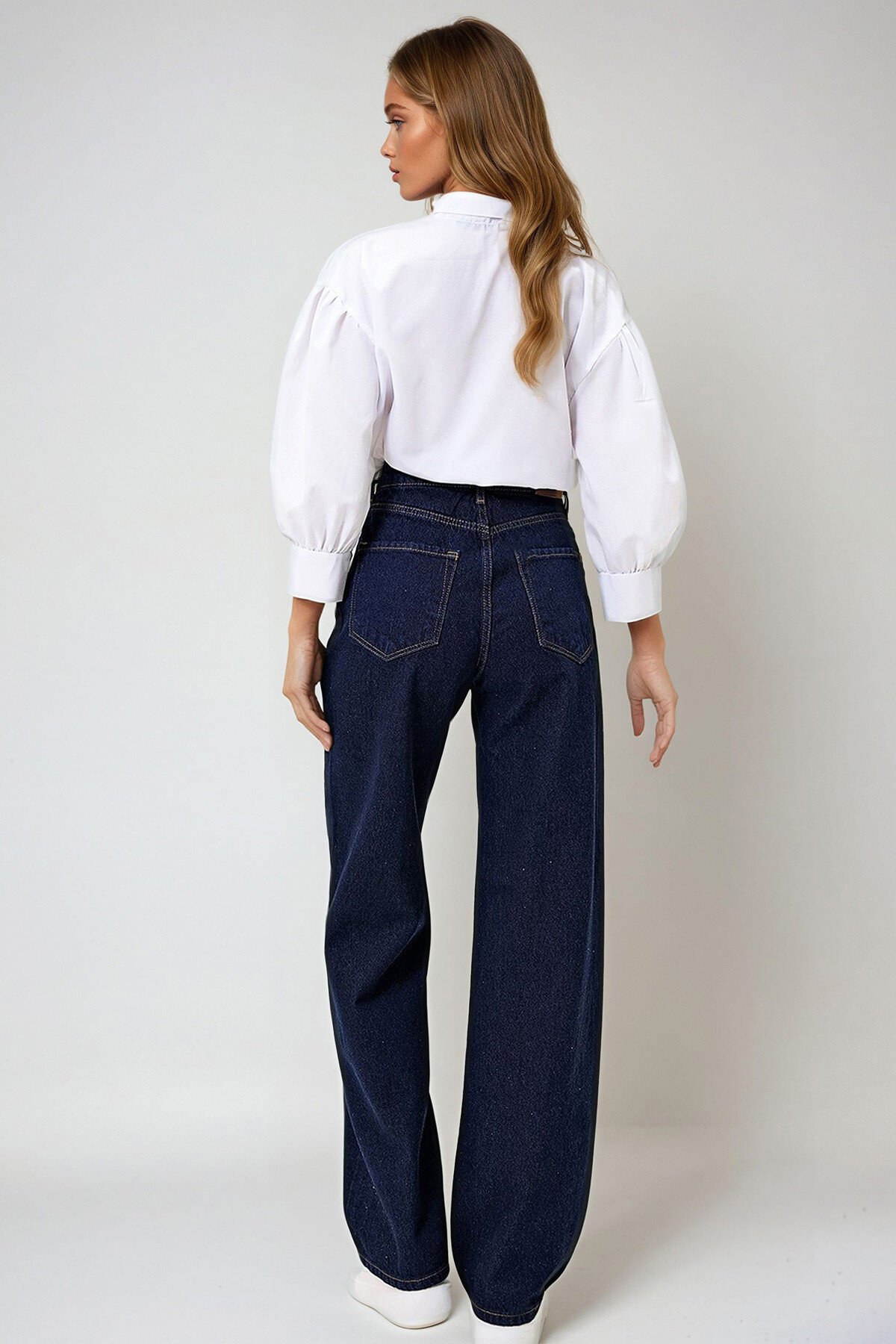 Lacivert Yüksek Bel Palazzo Kesim Jean Pantolon