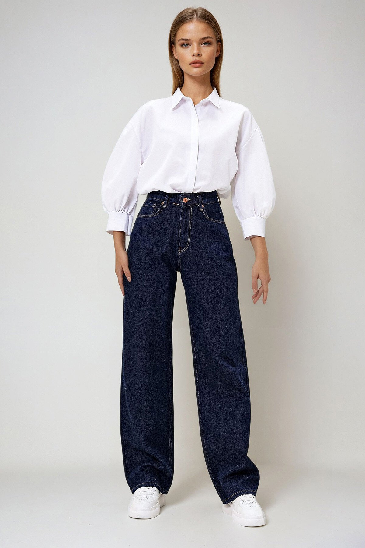 Lacivert Yüksek Bel Palazzo Kesim Jean Pantolon