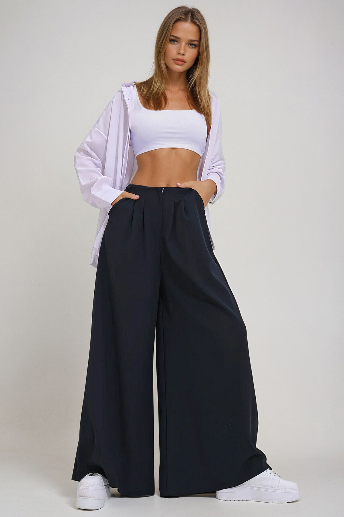 Lacivert Yüksek Bel Pensli Bol Paça Önden Fermuarlı Pantolon