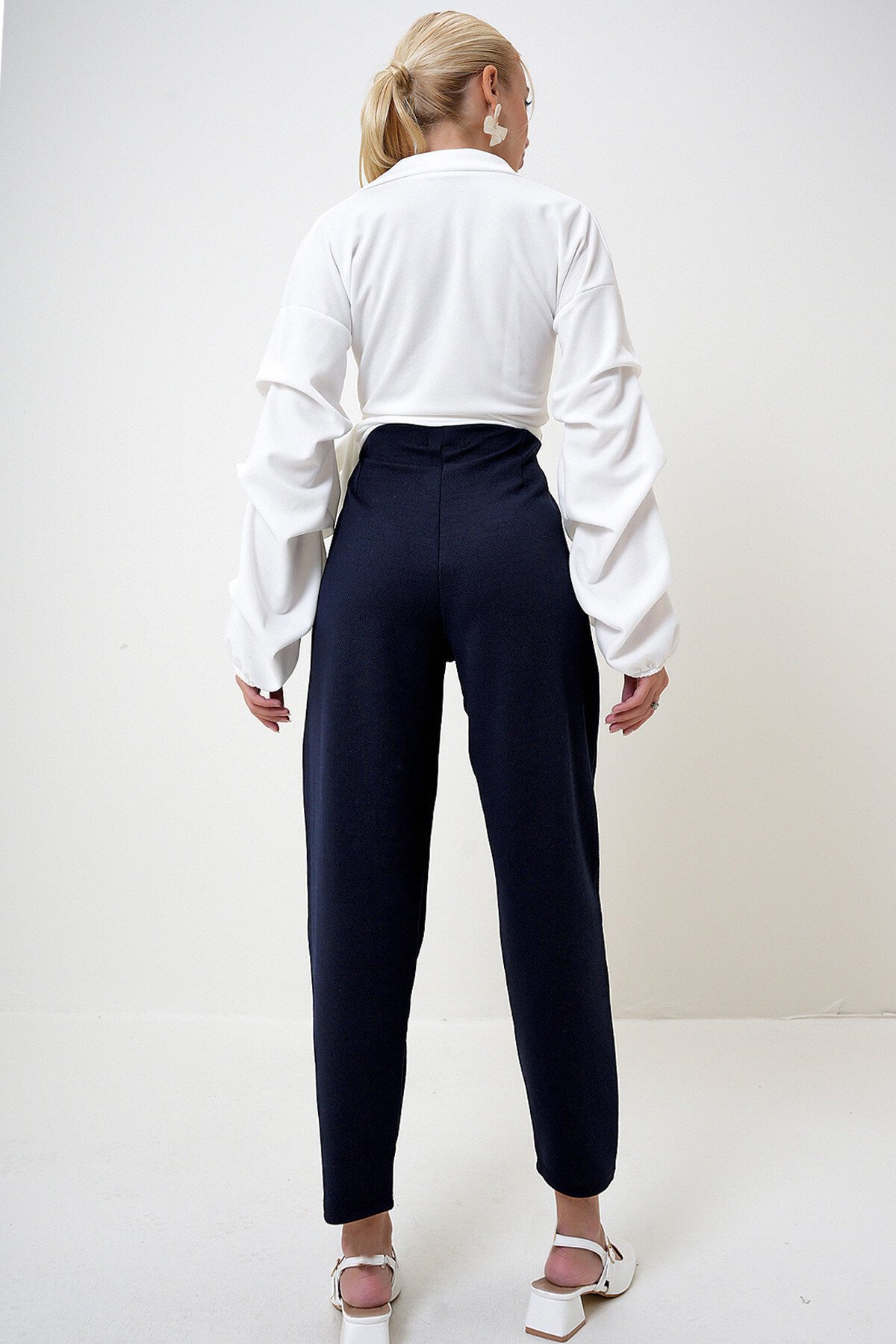 Lacivert Yüksek Bel Pensli Dökümlü Krep Örme Pantolon