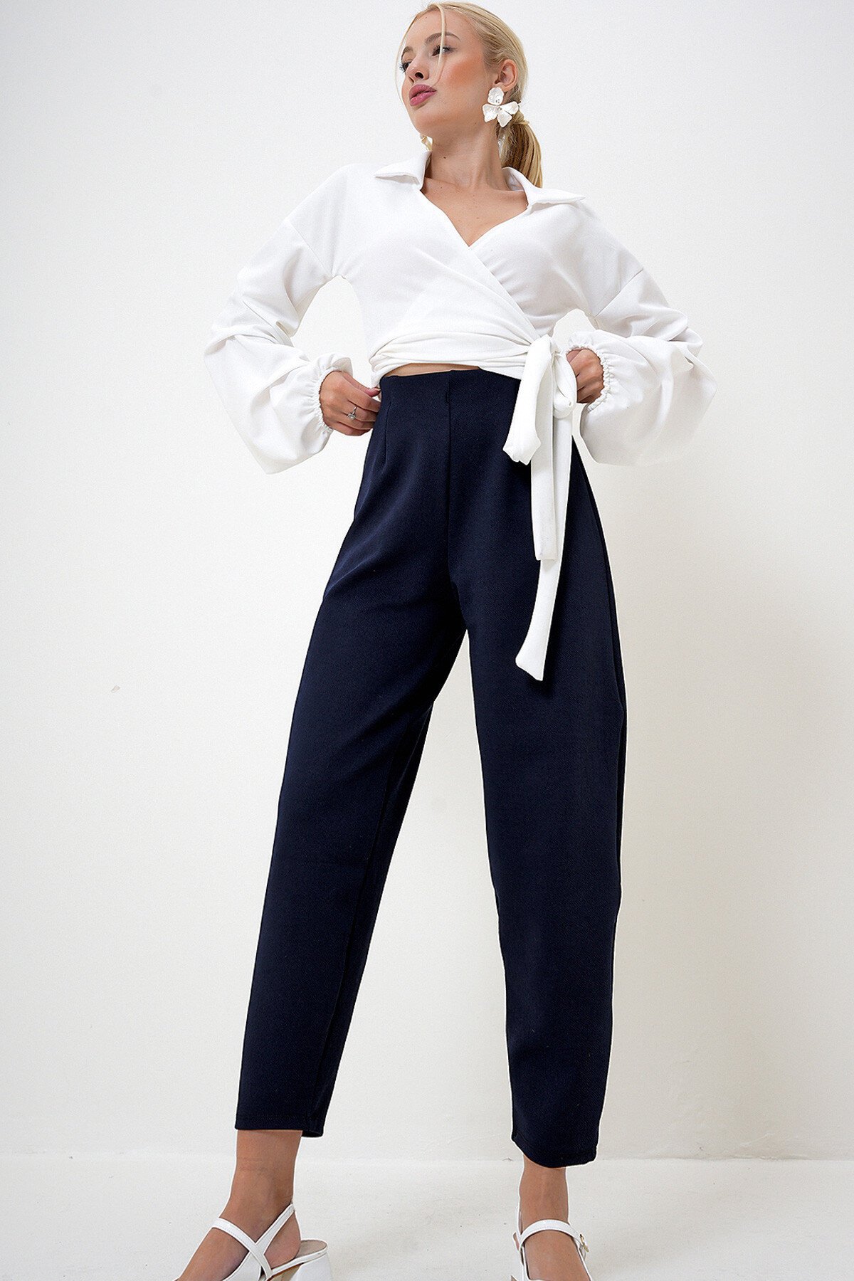 Lacivert Yüksek Bel Pensli Dökümlü Krep Örme Pantolon