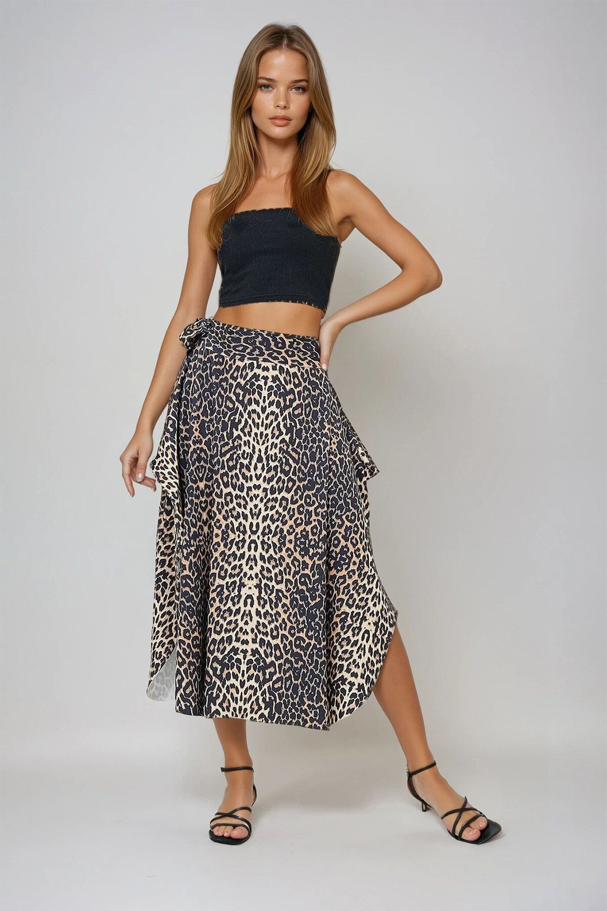 Leopar Asimetrik Kesim Beli Bağlamalı Etek