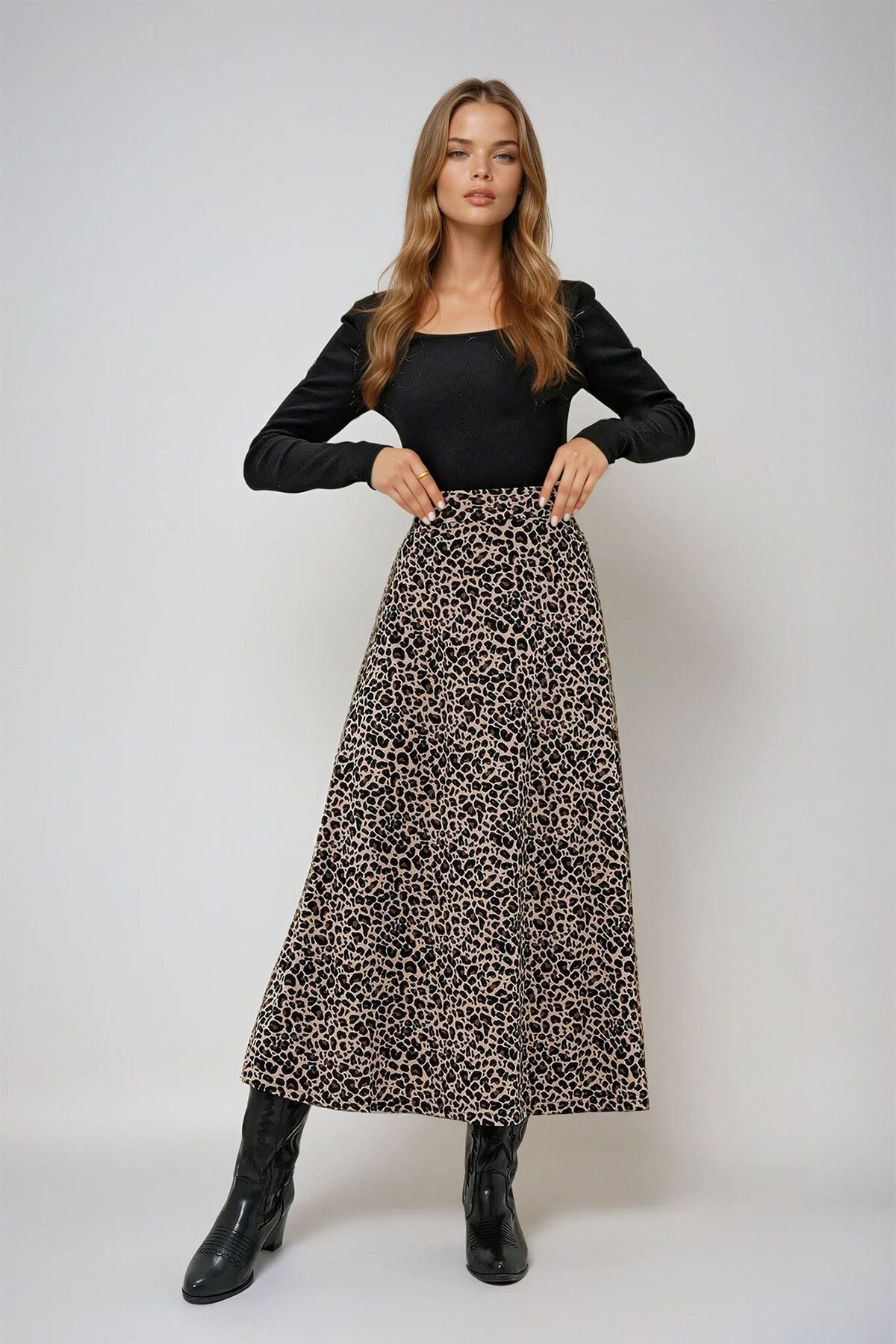 Leopar Beli Lastikli Süet Dokulu Desenli Uzun Etek