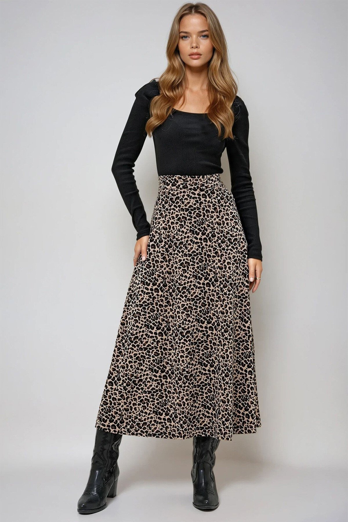 Leopar Beli Lastikli Süet Dokulu Desenli Uzun Etek