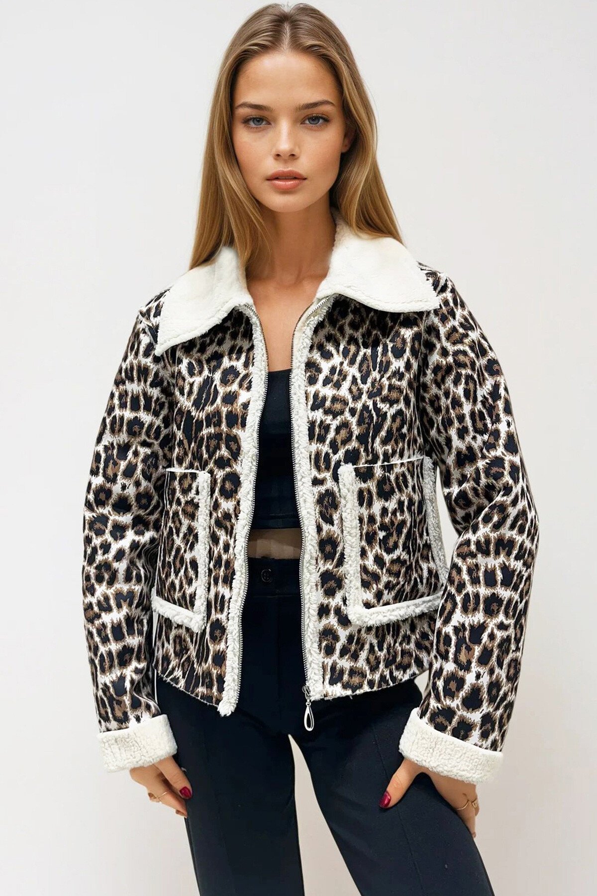 Leopar Çift Cepli İçi Suni Kürklü Suni Deri Biker Ceket