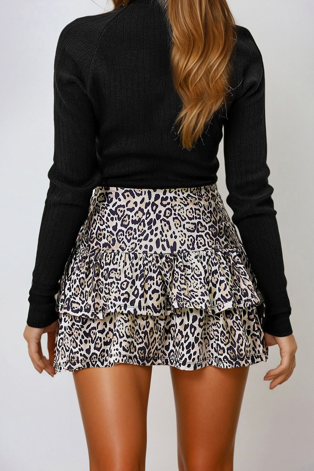 Leopar Kuş Gözü Bağlama Detaylı Kat Kat Volanlı Dokuma Etek