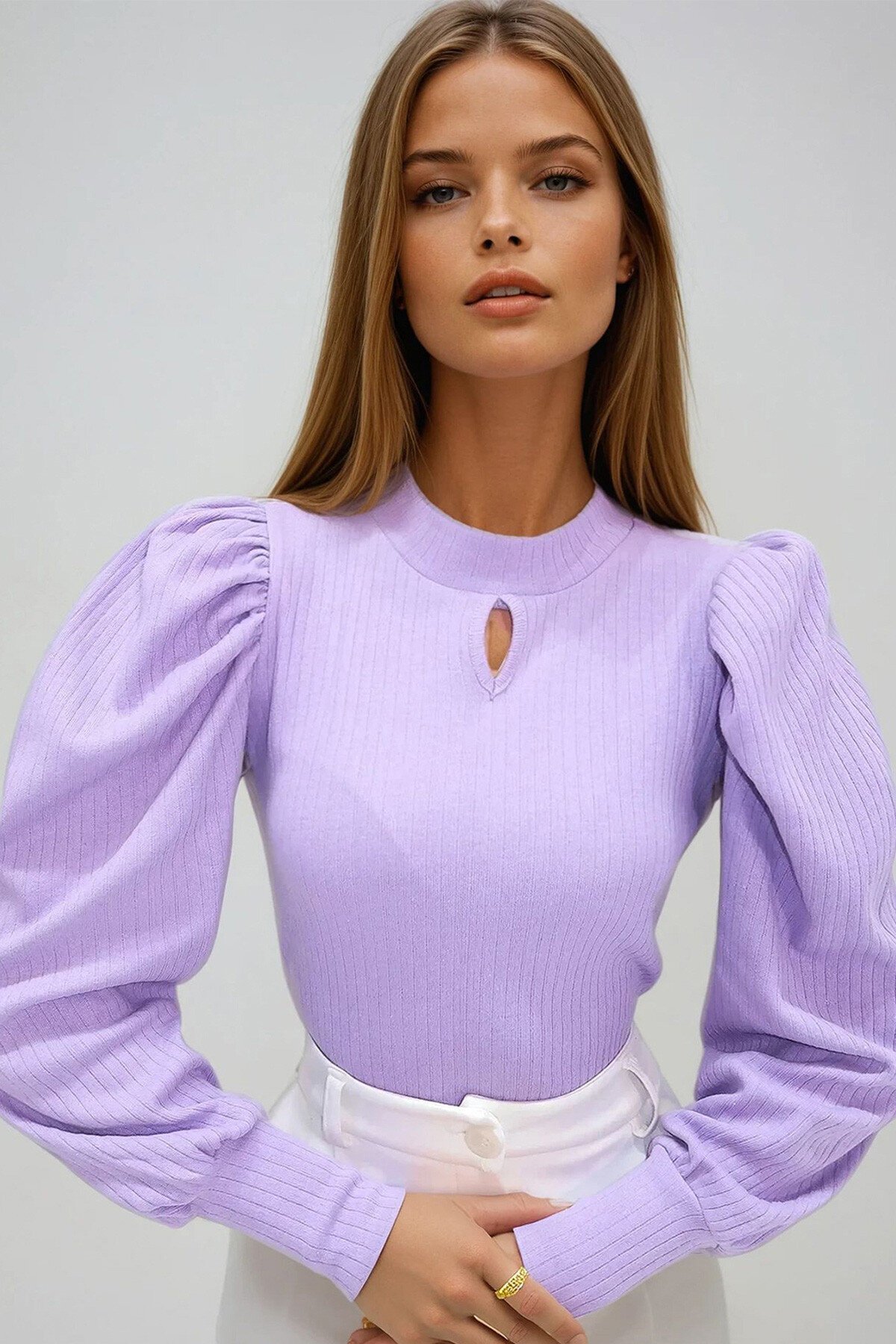 Lila Bisiklet Yaka Damla Dekolteli Prenses Kol Triko Bluz