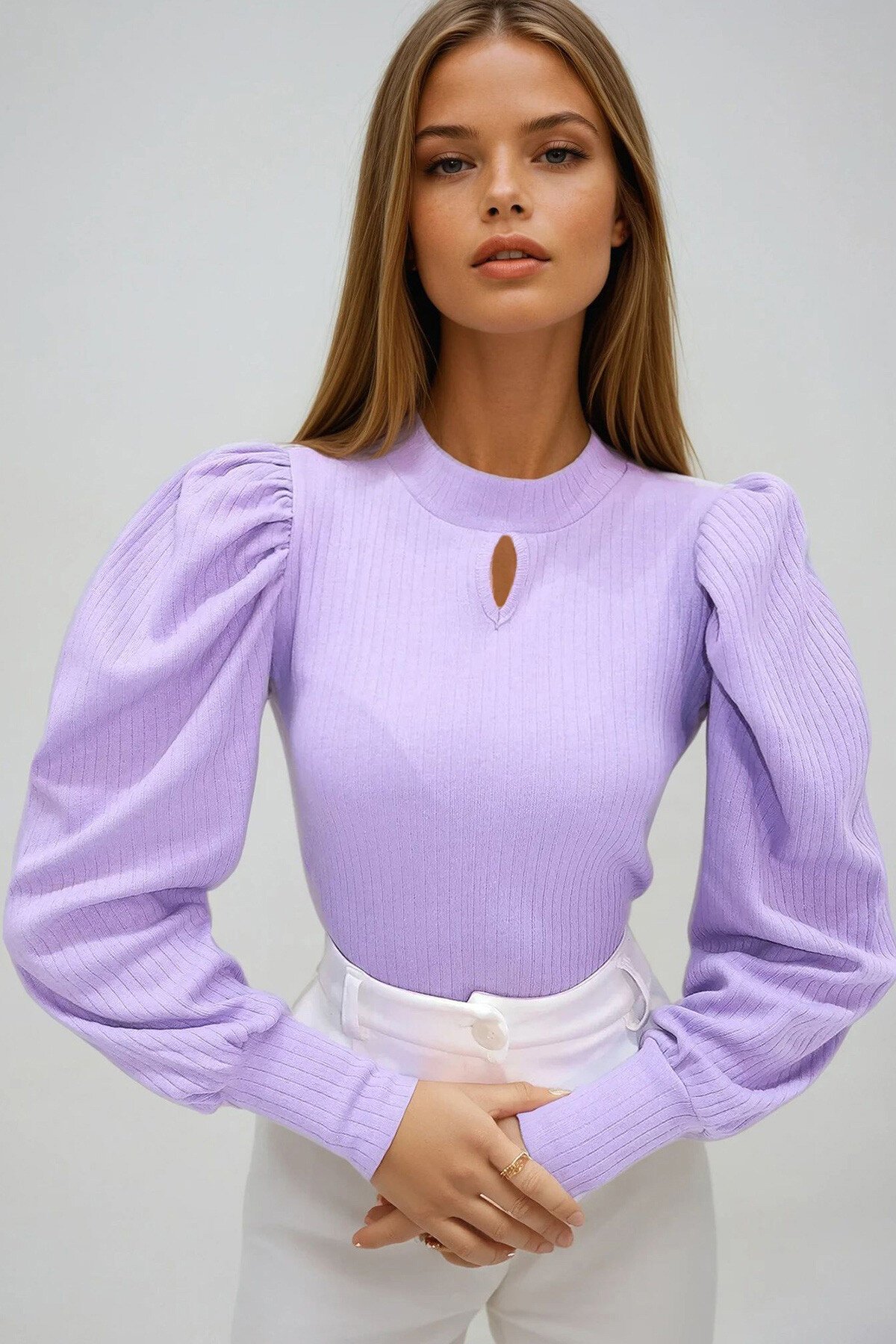 Lila Bisiklet Yaka Damla Dekolteli Prenses Kol Triko Bluz