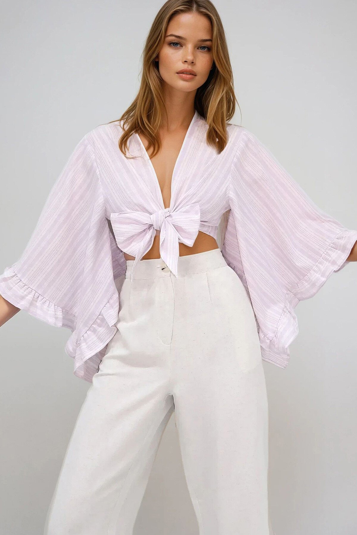 Lila Kolları Fırfırlı Poplin Crop Dokuma Bluz