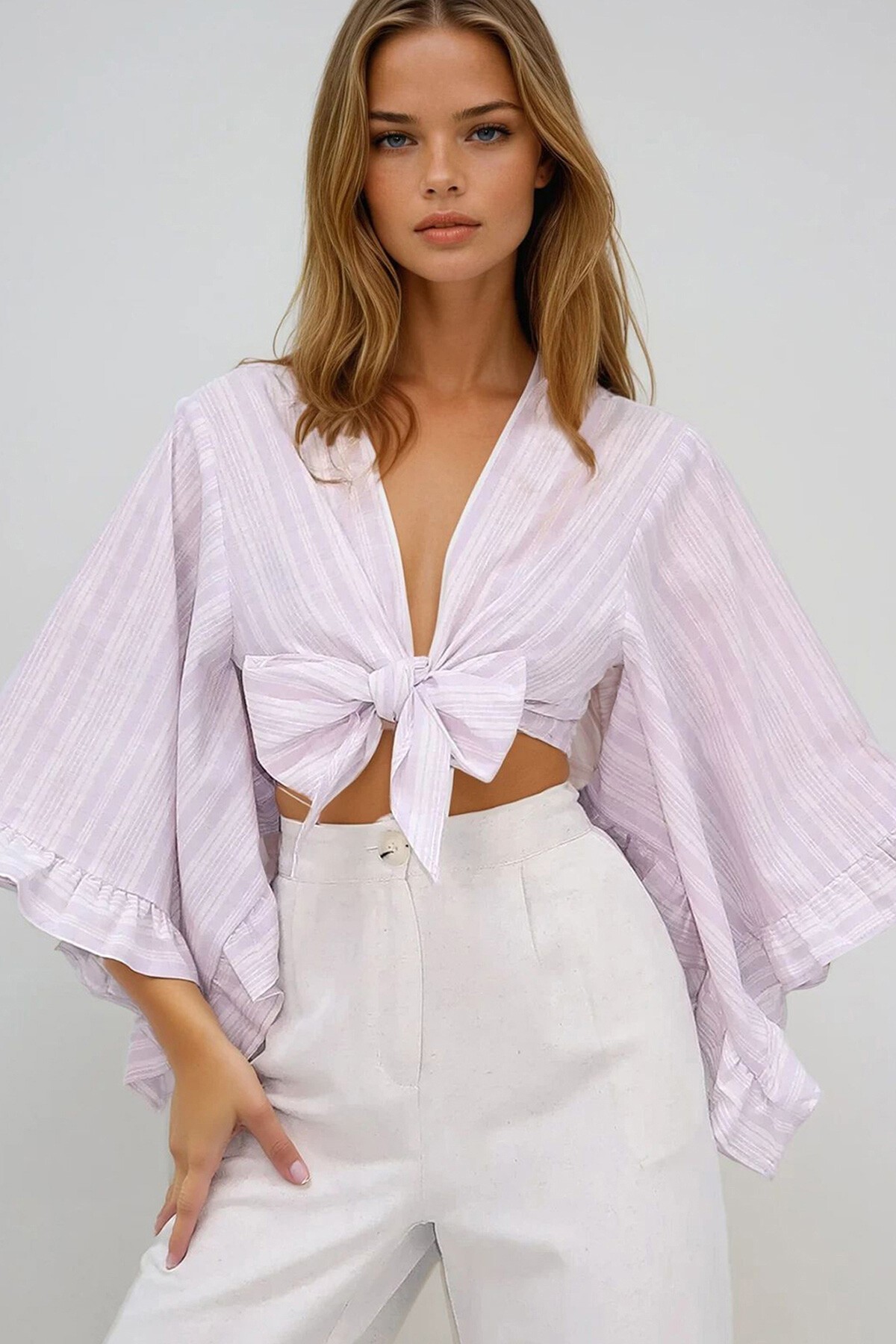 Lila Kolları Fırfırlı Poplin Crop Dokuma Bluz