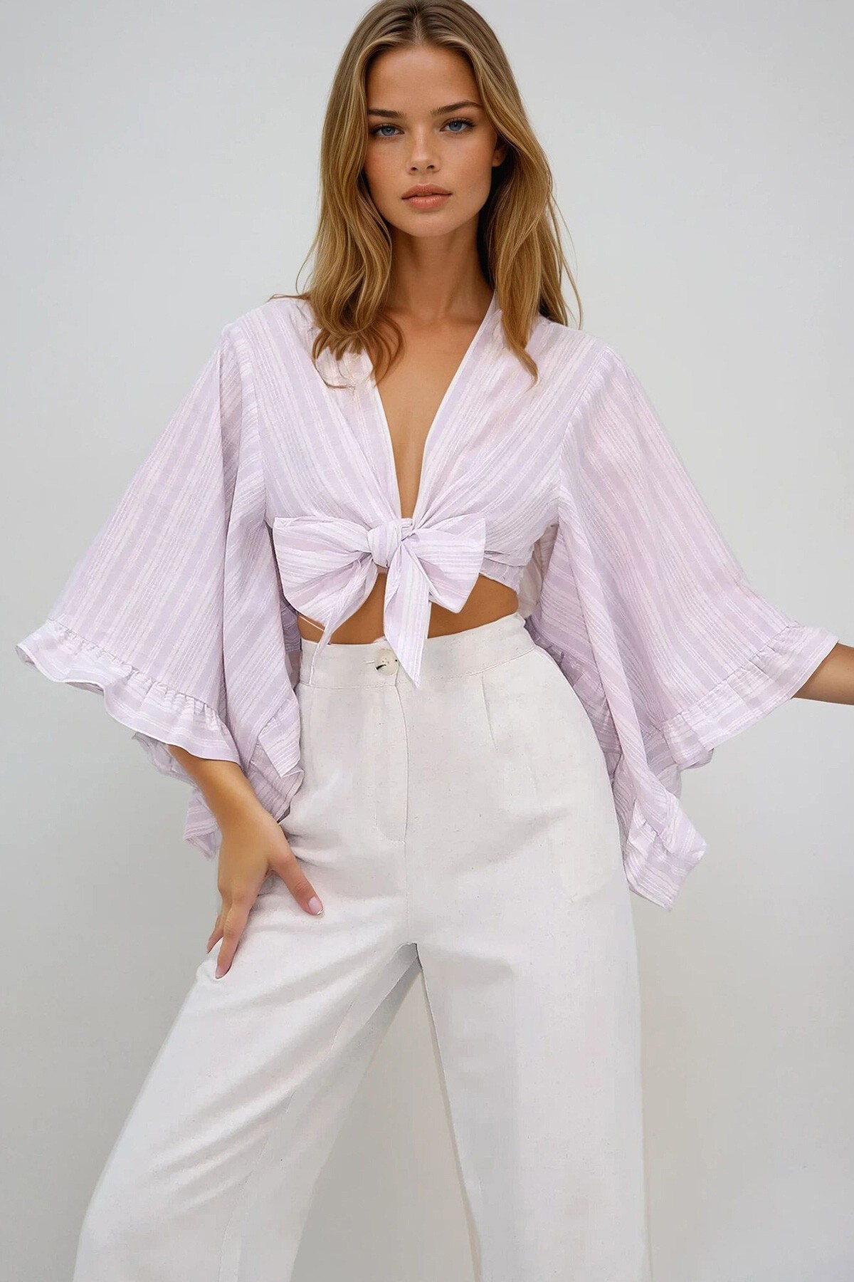 Lila Kolları Fırfırlı Poplin Crop Dokuma Bluz