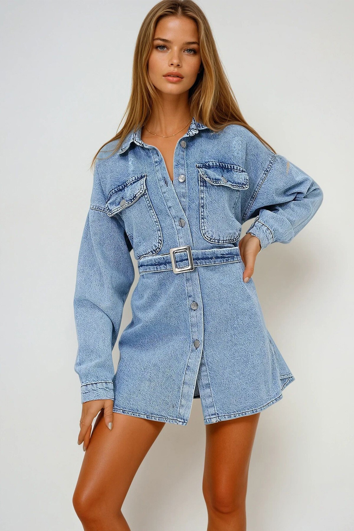 Mavi Çift Cepli Kemerli Jean Mini Elbise