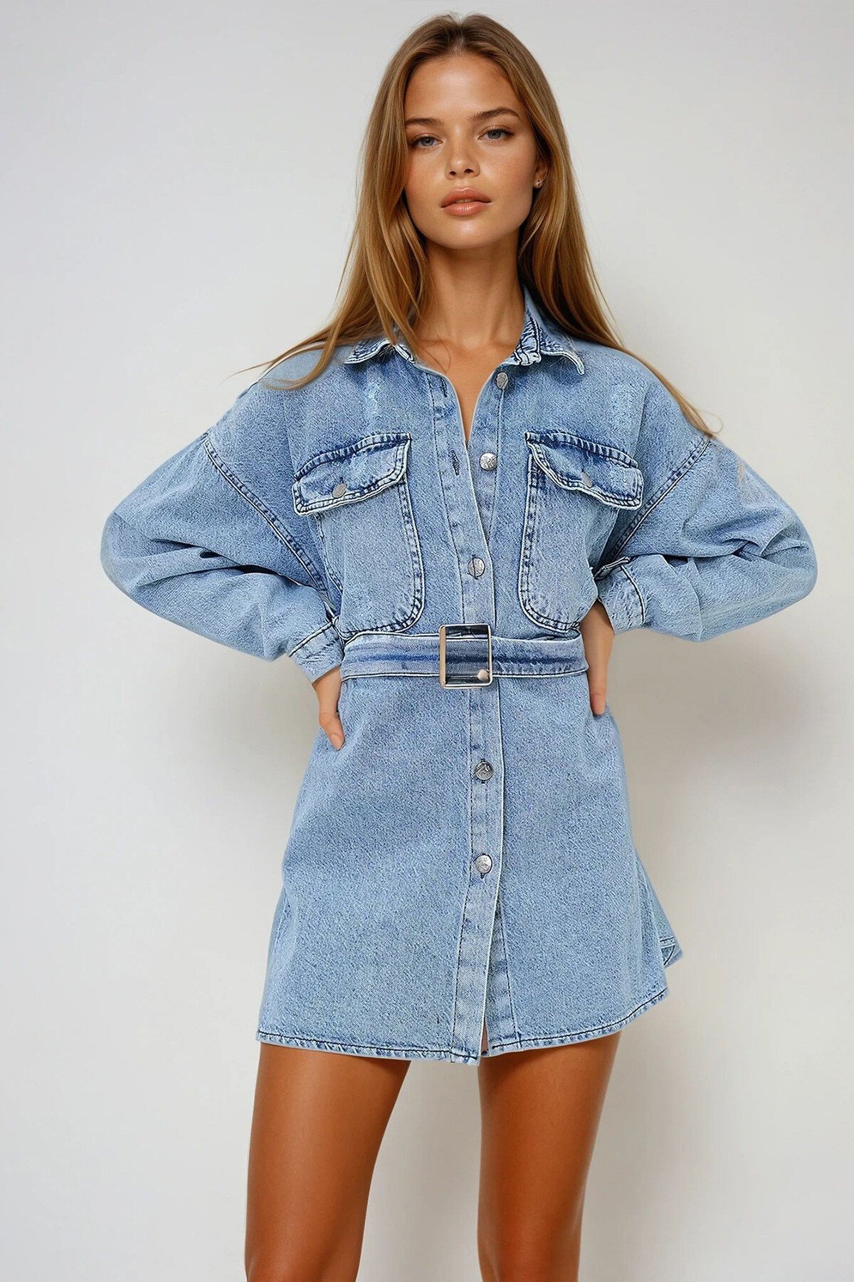 Mavi Çift Cepli Kemerli Jean Mini Elbise