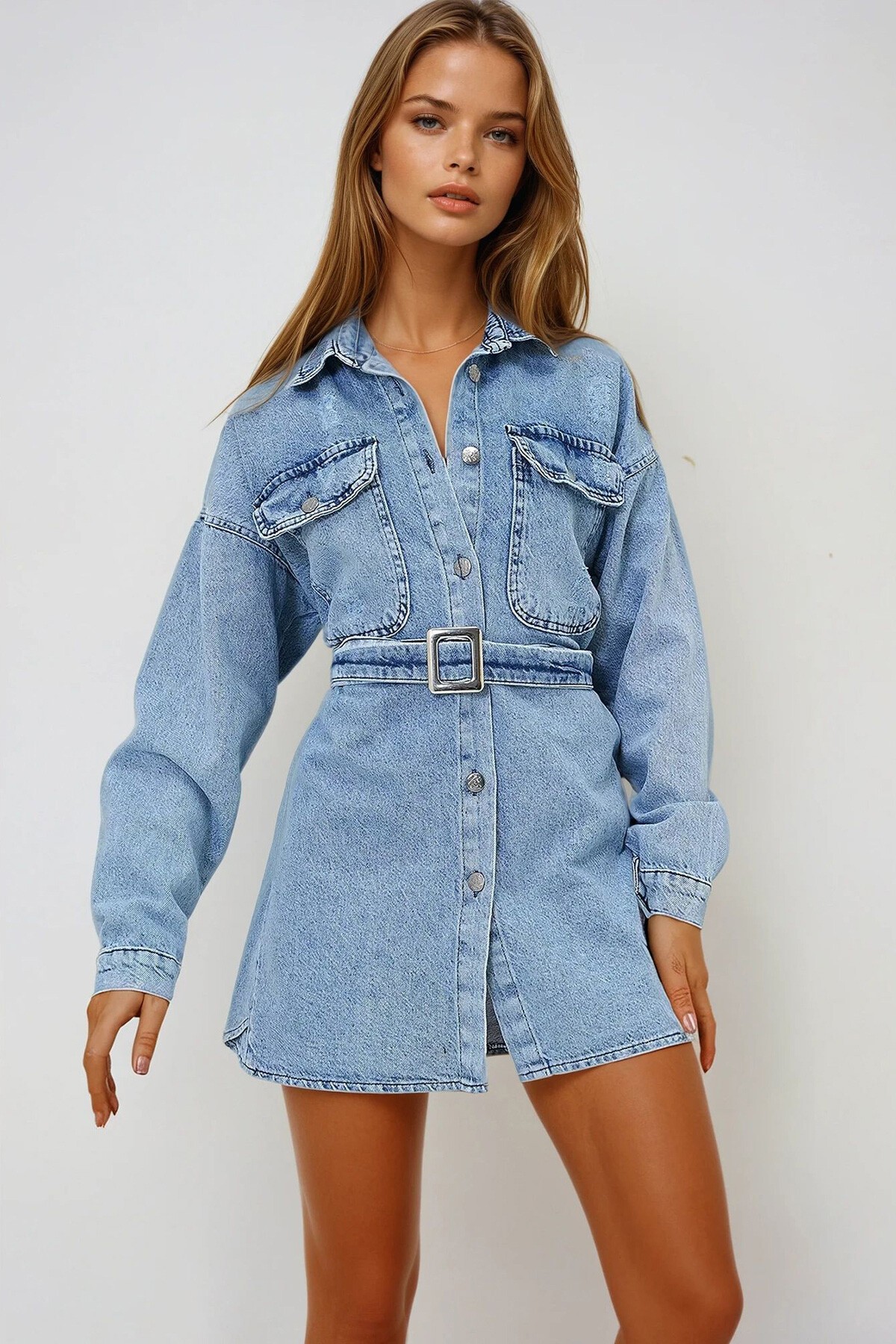 Mavi Çift Cepli Kemerli Jean Mini Elbise