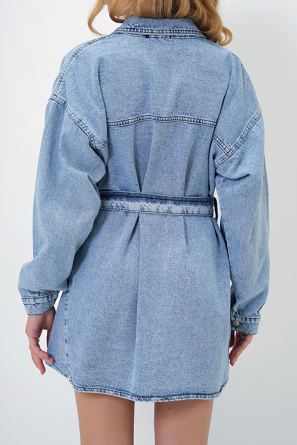 Mavi Çift Cepli Kemerli Jean Mini Elbise