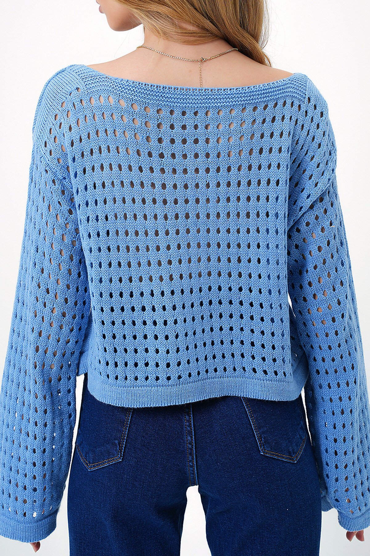 Mavi Delik Ajurlı Triko Bluz