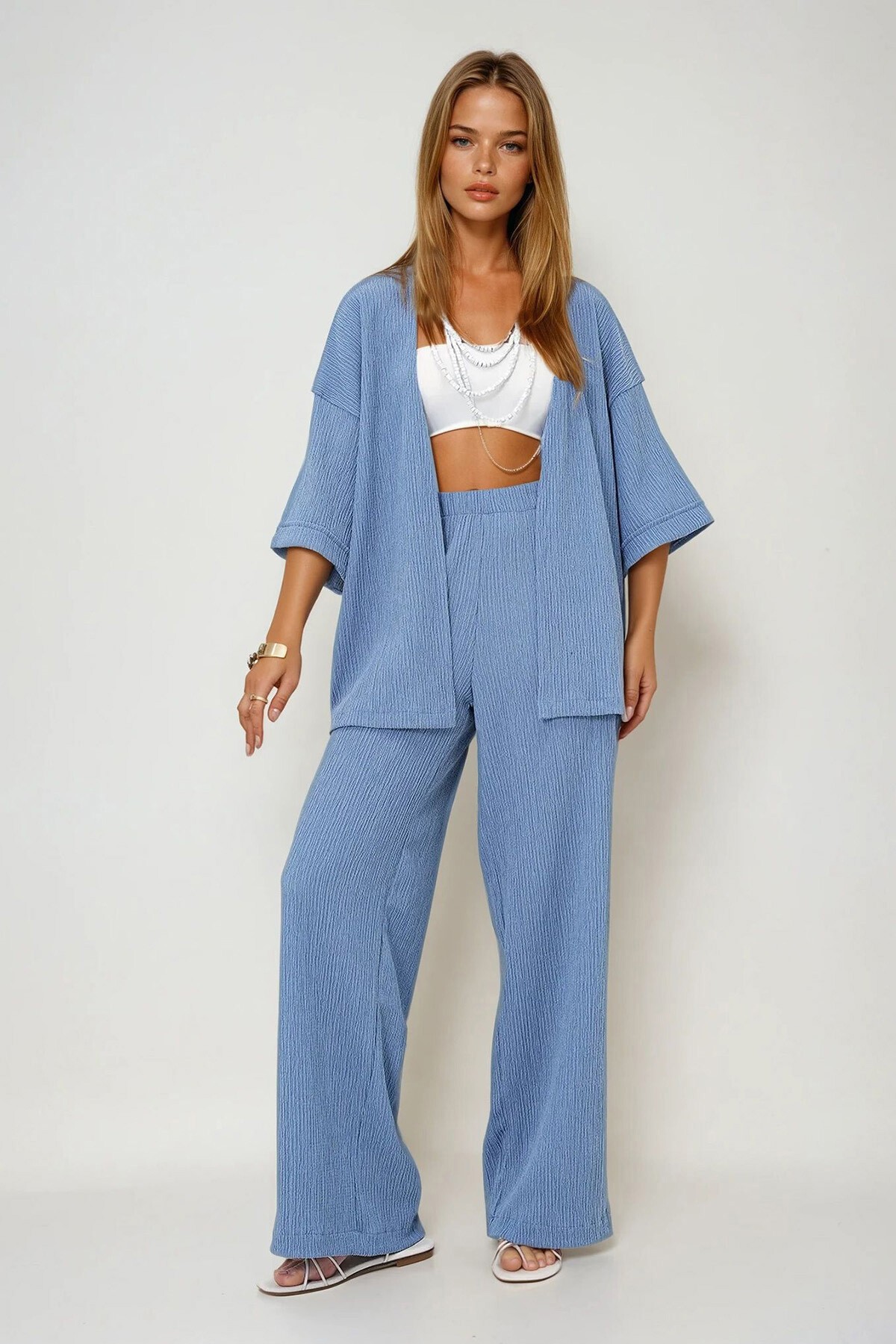 Mavi Duble Kol Bürümcük Kumaş Yazlık Kimono Ve Pantolon Takım