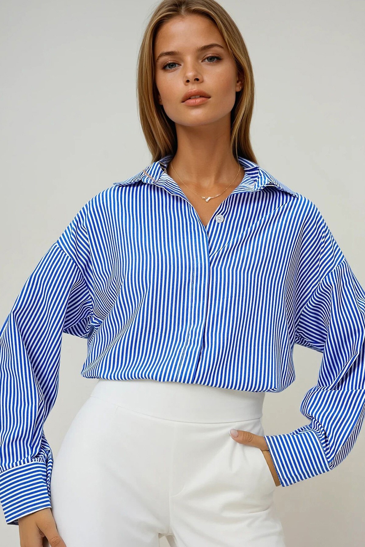 Mavi Gizli Pat Oversize Poplin Kumaş Gömlek