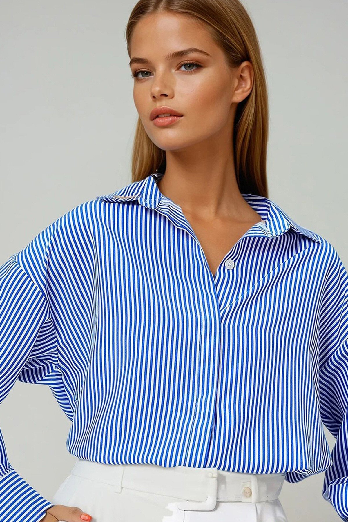 Mavi Gizli Pat Oversize Poplin Kumaş Gömlek