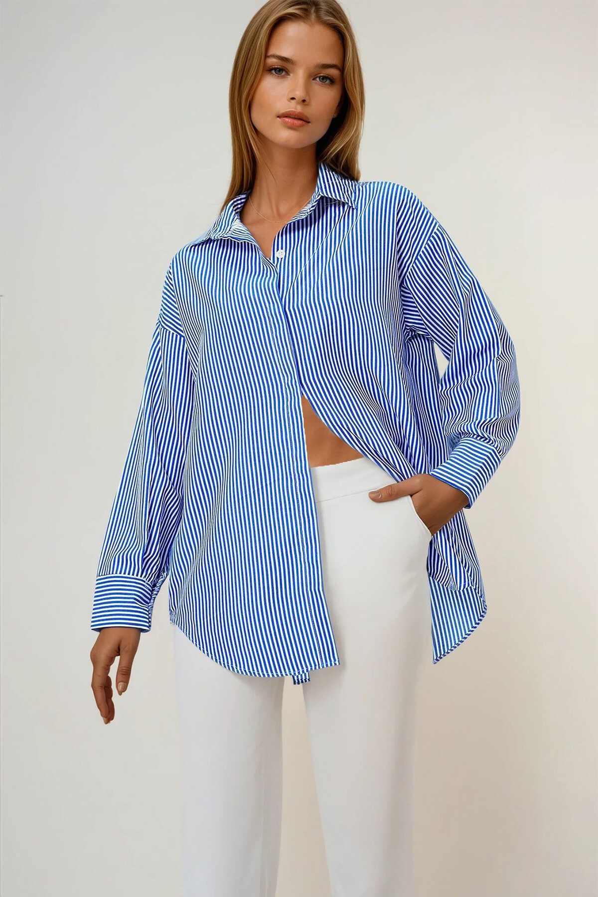 Mavi Gizli Pat Oversize Poplin Kumaş Gömlek