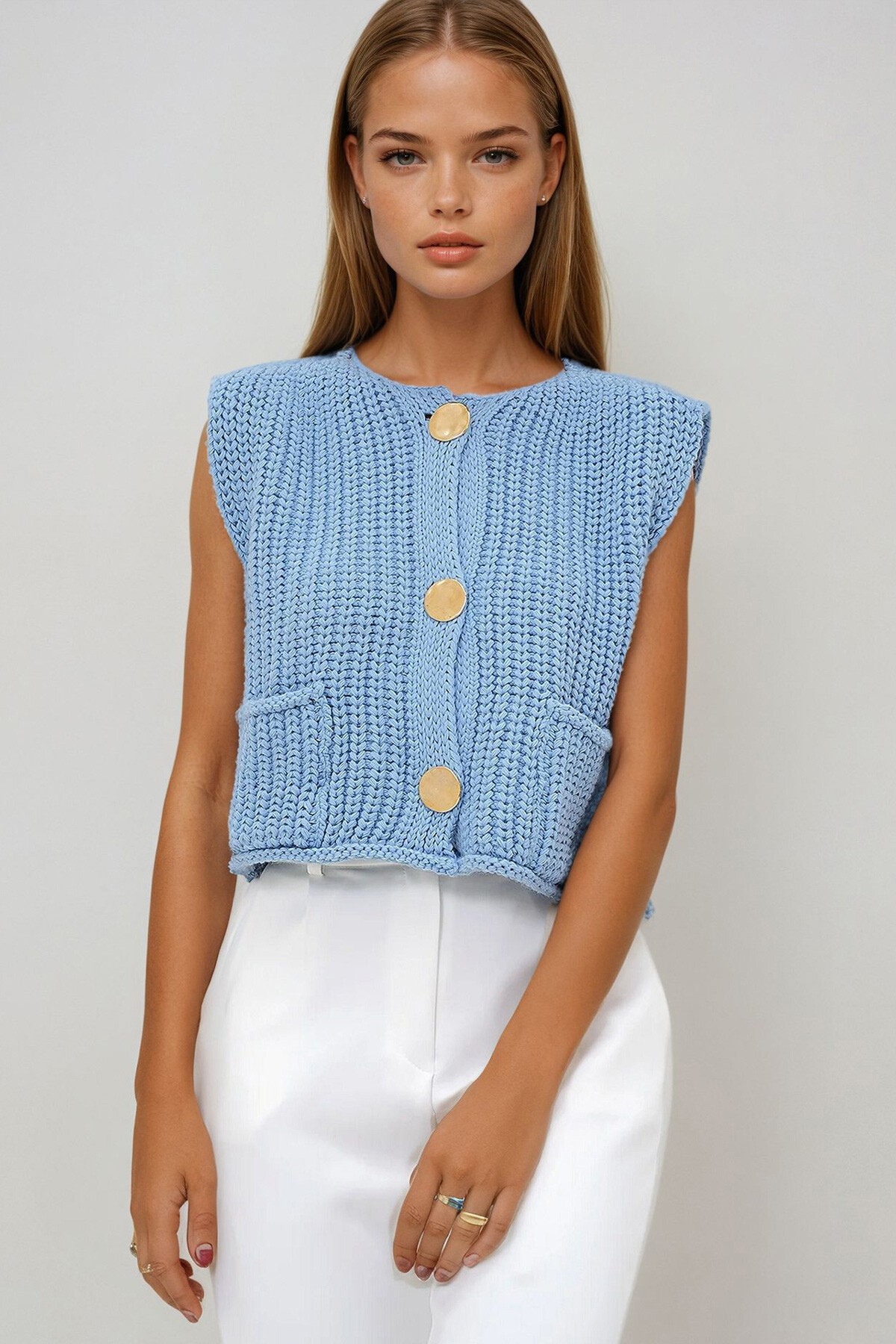 Mavi Gold Düğmeli Çift Cepli Triko Örme Yelek