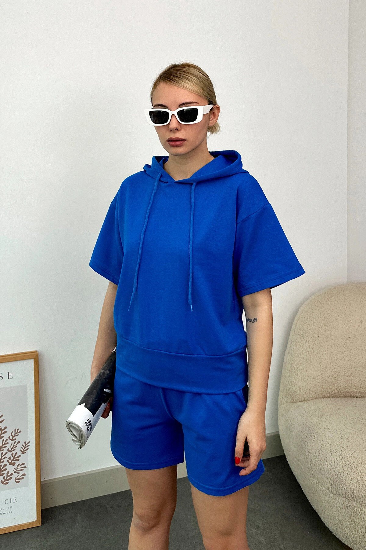 Mavi Kapüşonlu Sweatshirt Ve Şort İki İplik Takım