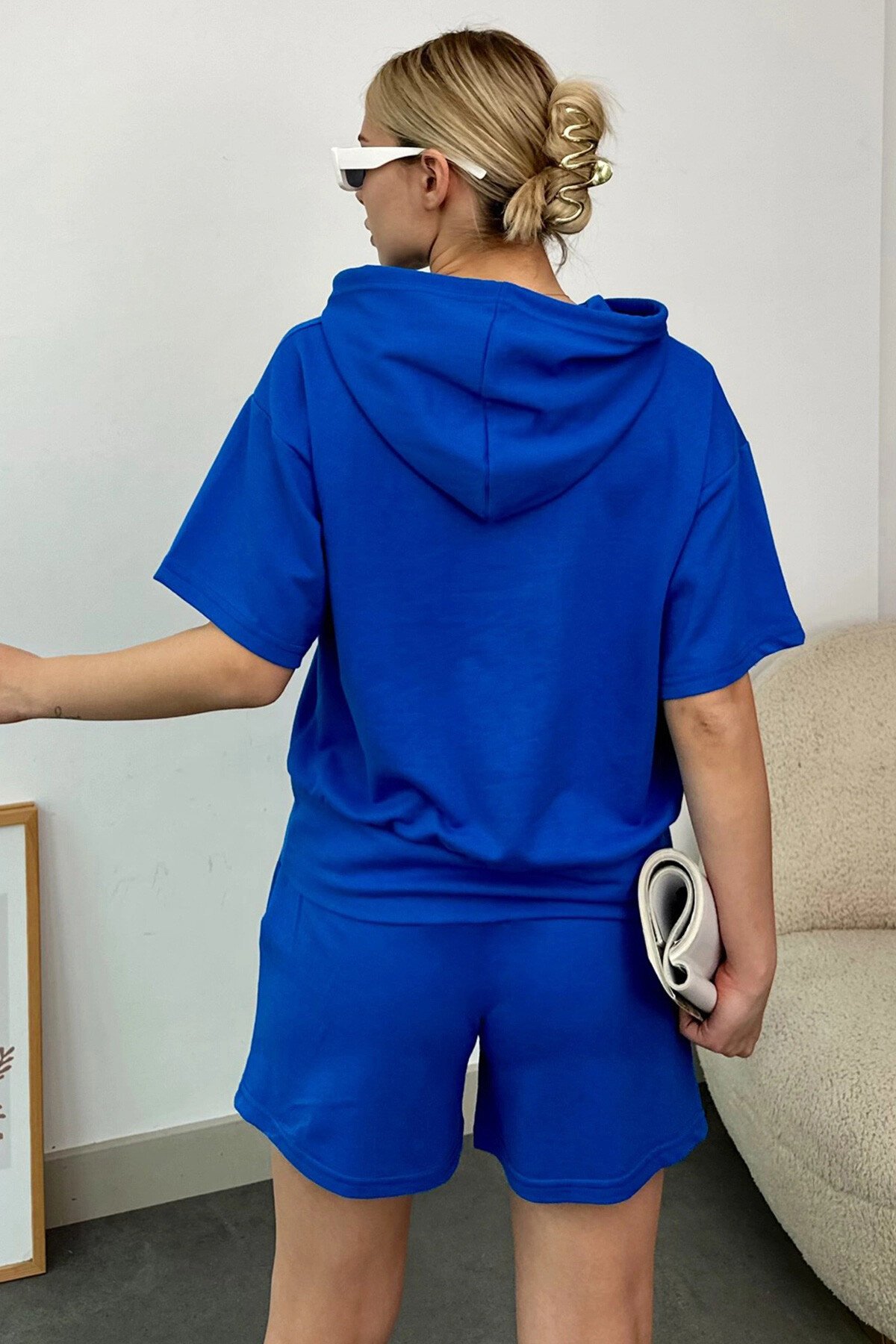 Mavi Kapüşonlu Sweatshirt Ve Şort İki İplik Takım