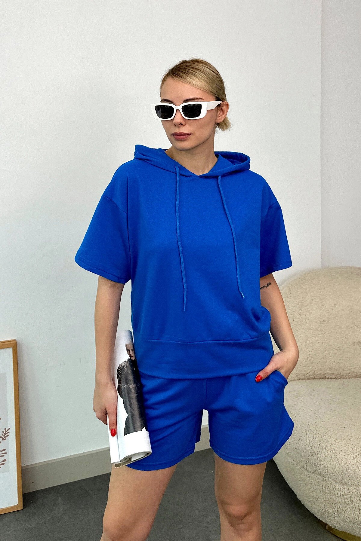 Mavi Kapüşonlu Sweatshirt Ve Şort İki İplik Takım