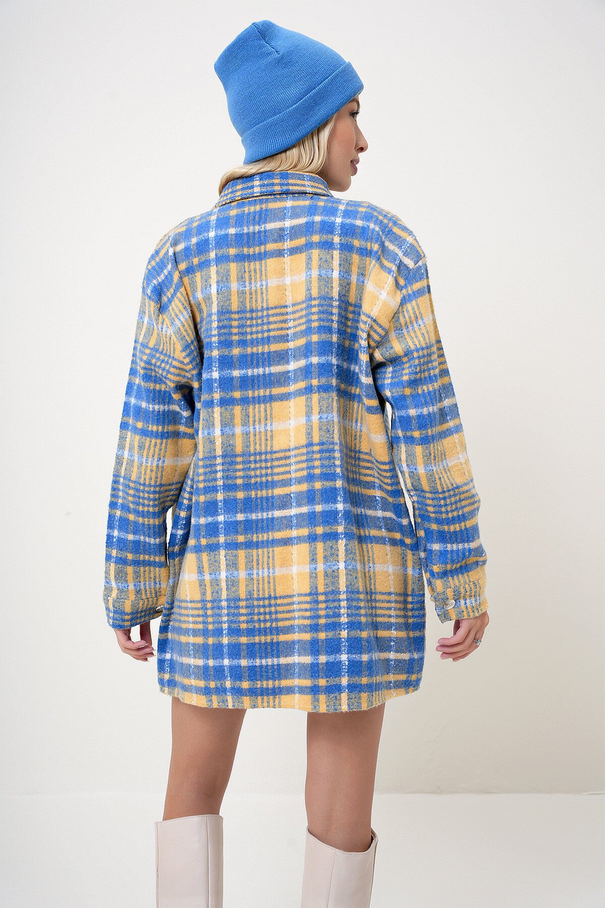 Mavi Sarı Ekoseli Çift Cepli Oversize Kaşe Gömlek