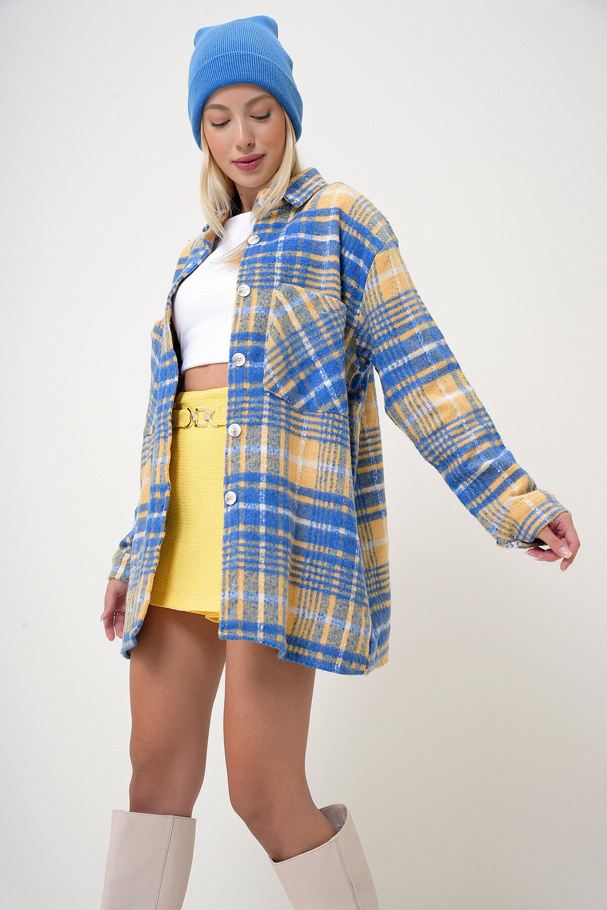 Mavi Sarı Ekoseli Çift Cepli Oversize Kaşe Gömlek