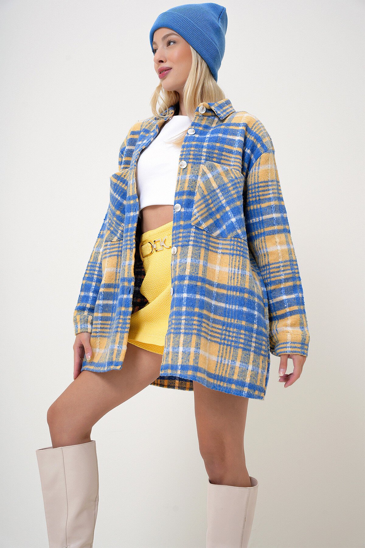 Mavi Sarı Ekoseli Çift Cepli Oversize Kaşe Gömlek