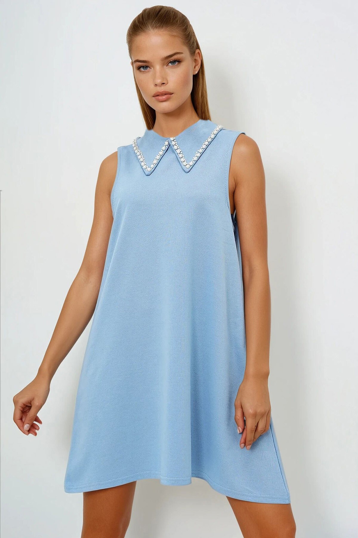 Mavi Suni İnci Yakalı Kolsuz Basic Elbise