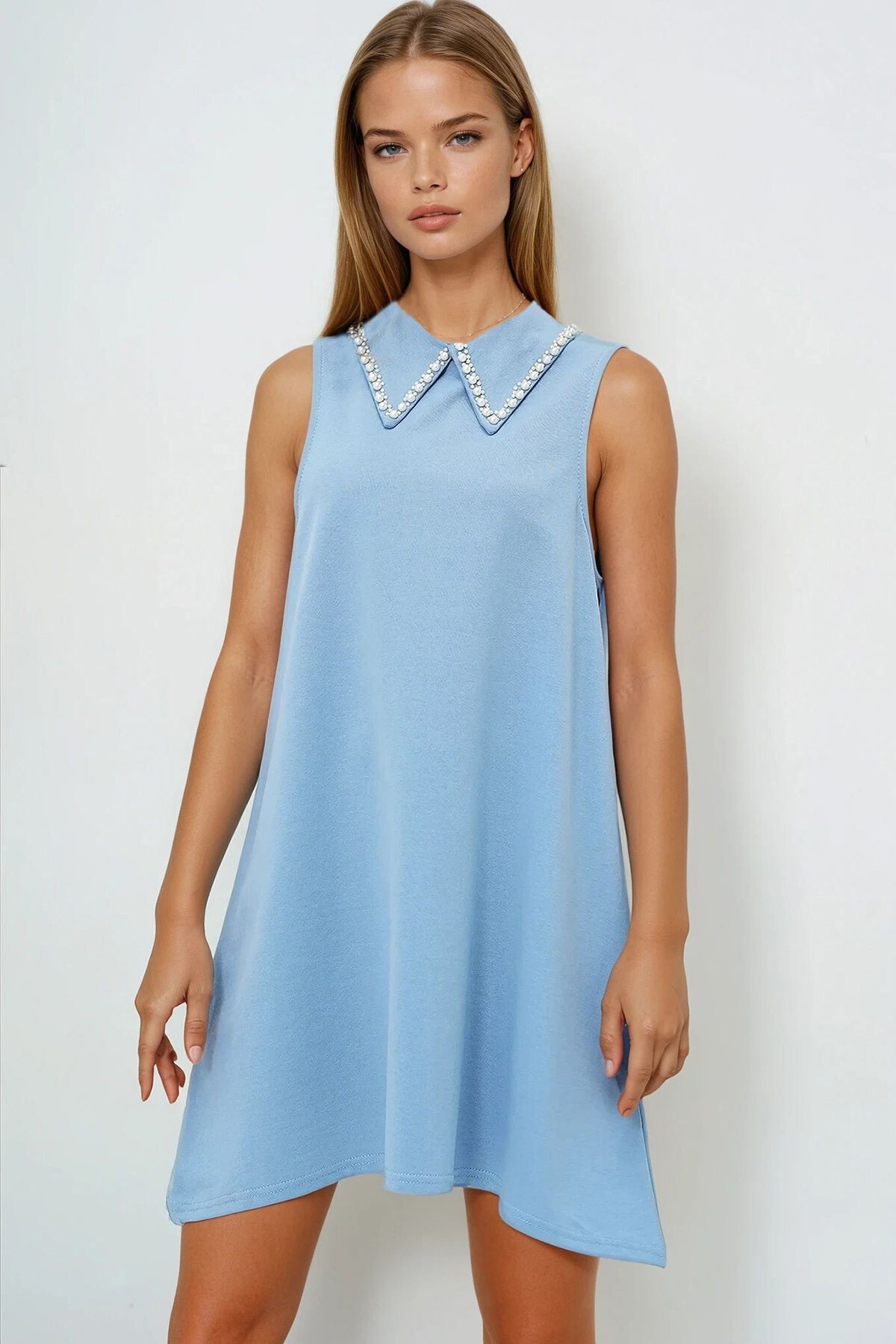 Mavi Suni İnci Yakalı Kolsuz Basic Elbise