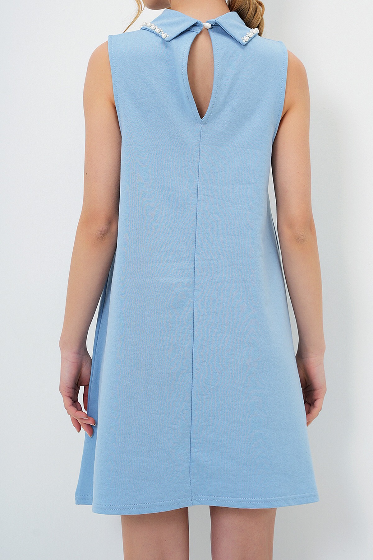 Mavi Suni İnci Yakalı Kolsuz Basic Elbise