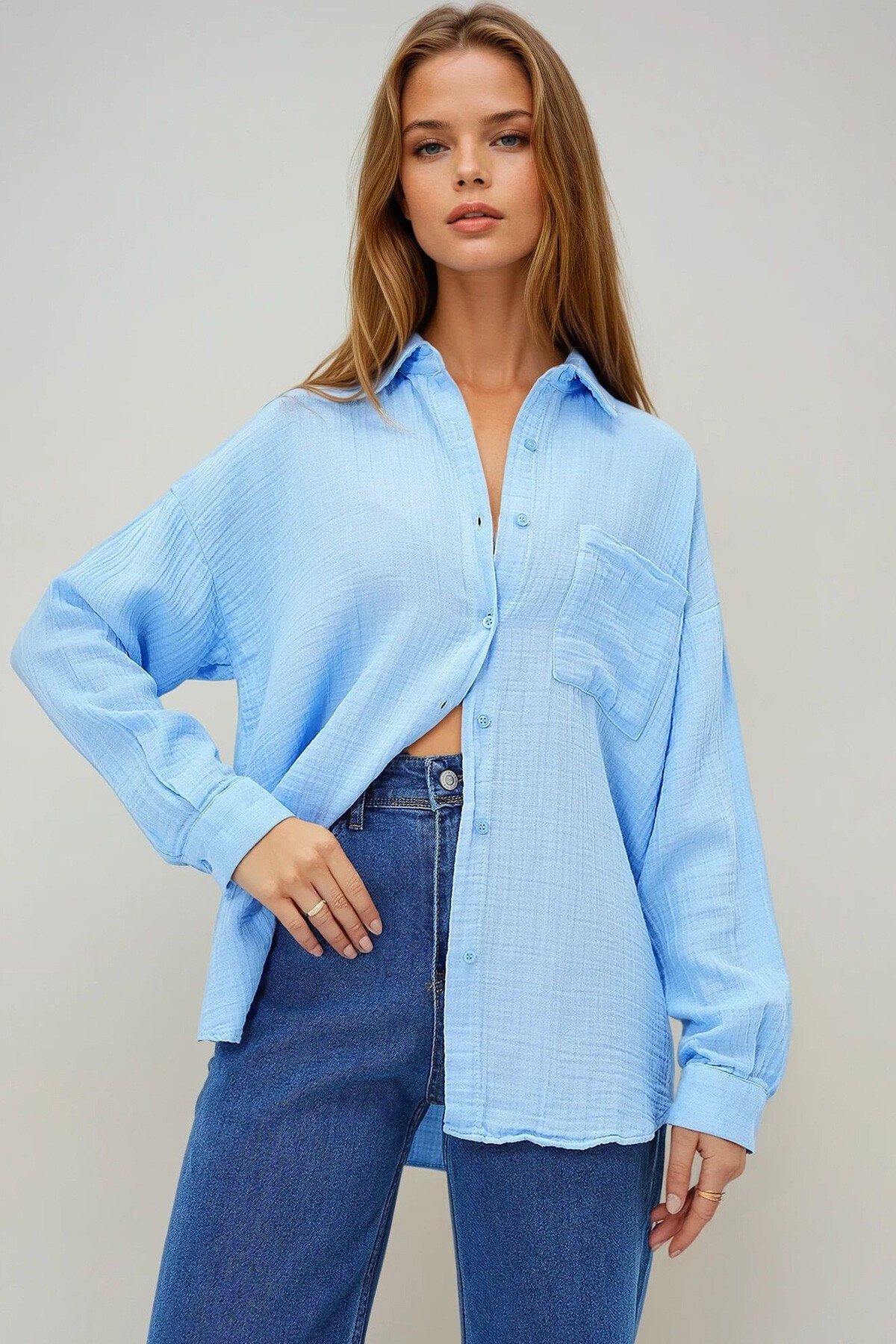Mavi Tek Cepli Keten Görünümlü Oversize Dokuma Gömlek